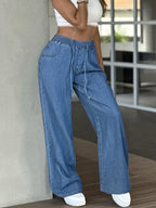 Women'S High Waist Straight Leg Jeans, Casual Non-Stretch Denim Pants, Solid Color, with Drawstring Waist, for All Seasons