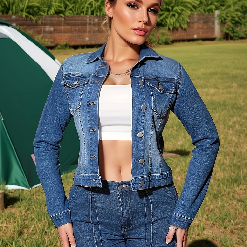 Women'S Casual Denim Jacket - Button-Up, Long Sleeve, High-Stretch Fabric, Solid Color, Ideal for Spring\u002FFall, Versatile Jacket|Classic Denim Style|Durable Construction