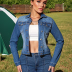 Women'S Casual Denim Jacket - Button-Up, Long Sleeve, High-Stretch Fabric, Solid Color, Ideal for Spring\u002FFall, Versatile Jacket|Classic Denim Style|Durable Construction
