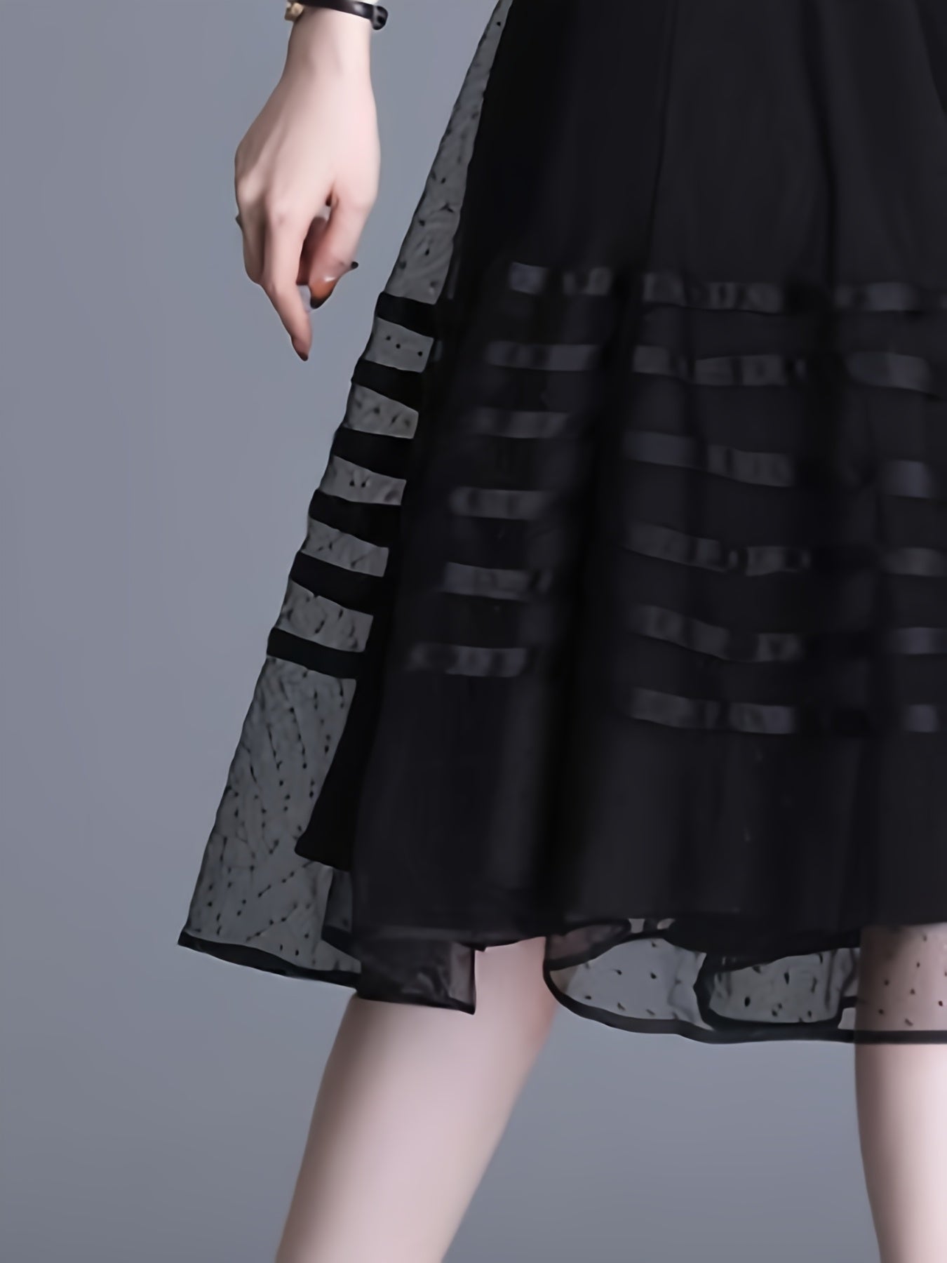 Polyester Striped A-Line Skirt, Mid-Length, Pleated, Contrast Mesh, High-Waisted, Slimming, No Belt, for Women, Summer, Spring, Fall, Vacatio