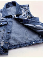 Women's Sleeveless Denim Vest with Pearl Details - Distressed Ripped Jean Jacket, Flap Pockets, Raw Hem, Button-Up Front, Light Blue Denim, Elegant Summer Style