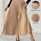 Women's Elegant Pleated Skirt - Dark Green Metallic Chain Belted Waist, Puffed Short Skirt with Vertical Pleats, Machine Washable 3-Season Spring Summer Fall Versatile Office to Party Wear, Cute Skirts