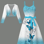 Charming Elegant Women's Long Sleeve Crop Jacket + Belt + Halter Dress Set with Fashionable Blue and White Gradient Butterfly Print