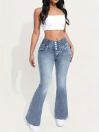 Stretch Comfort Women's High-Waist Stretch Denim Flare Jeans - Sexy Bell Bottoms with Slant Pockets, Light Blue Washed Mid-Rise Denim Pants for Everyday Style, Everyday Jeans | Sexy Highwaist Jeans | Comfortable Fit