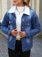 Morin Women's Elegant Fleece-Lined Denim Jacket - Winter Warm Button-Up Coat with Chest Pockets, Machine Washable, Classic Blue for Fall & Winter, Ladies Denim Jacket, Cold Weather Apparel, Functional Pocket Design