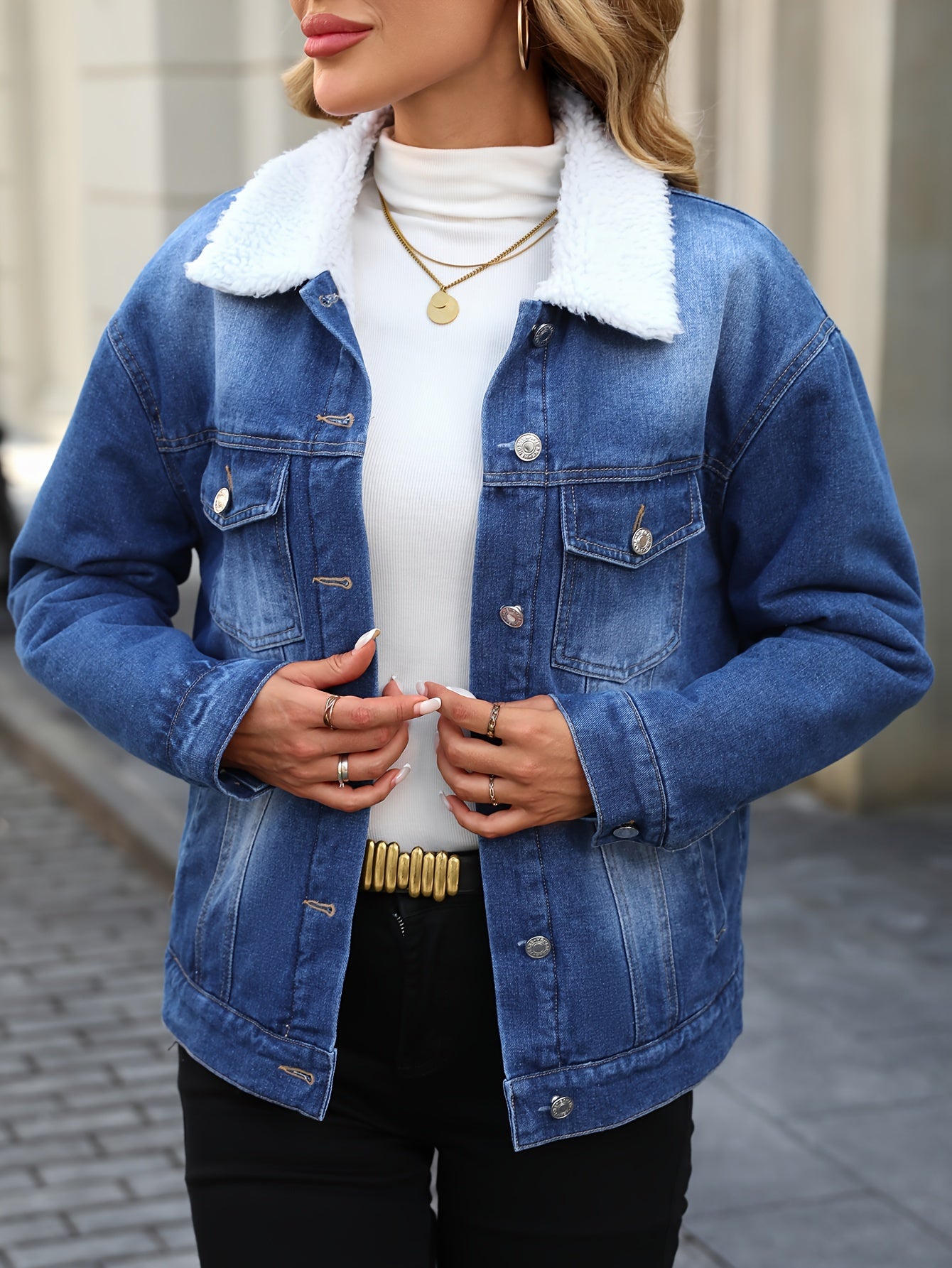 Morin Women's Elegant Fleece-Lined Denim Jacket - Winter Warm Button-Up Coat with Chest Pockets, Machine Washable, Classic Blue for Fall & Winter, Ladies Denim Jacket, Cold Weather Apparel, Functional Pocket Design