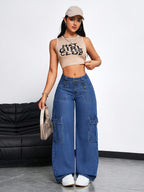 Women'S High-Waisted Cargo Jeans with Multiple Pockets - Stretch Denim, Raw Wash Finish, Straight Leg, Casual Streetwear Style, Blue, Casual Streetwear | Multi-Pocket Design | Comfortable Fit Jeans