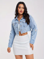 Women's Distressed Denim Jacket with Frayed Hem, Casual Washed Jean Coat, Fashionable Streetwear Outerwear