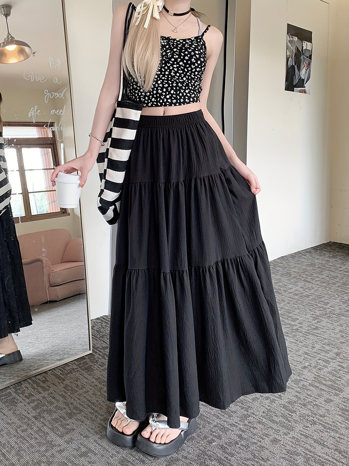 Spring And Autumn Women'S High-Waisted Slimming Versatile White Midi Skirt with Elastic Waist, Mid-Length Black Skirt with Lining, Beach Party Long Skirt.