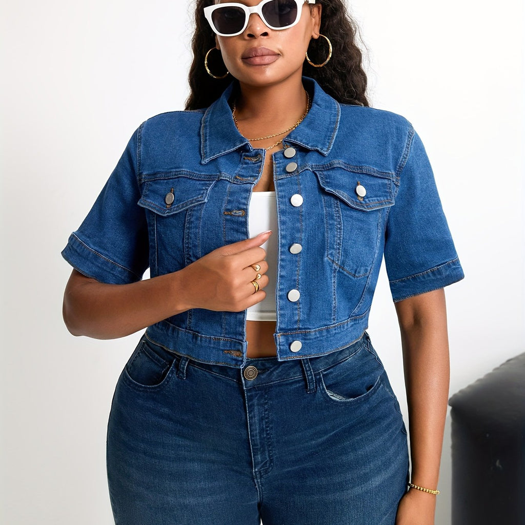 Plus Size Women'S Stretch Denim Short Sleeve Vest - Elegant V-Neck Button-Up Jacket with Pockets, Medium Stretch Fabric, Perfect for Spring\u002FSummer Casual Wear, Jean Jacke