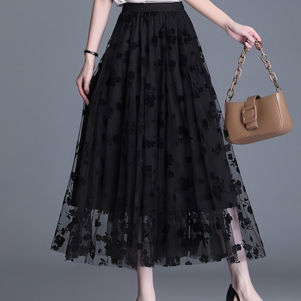 Directional Elegant Floral Printed Mesh Skirt, High-Waisted Casual Long Skirt, Women'S Clothing
