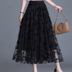 Directional Elegant Floral Printed Mesh Skirt, High-Waisted Casual Long Skirt, Women'S Clothing