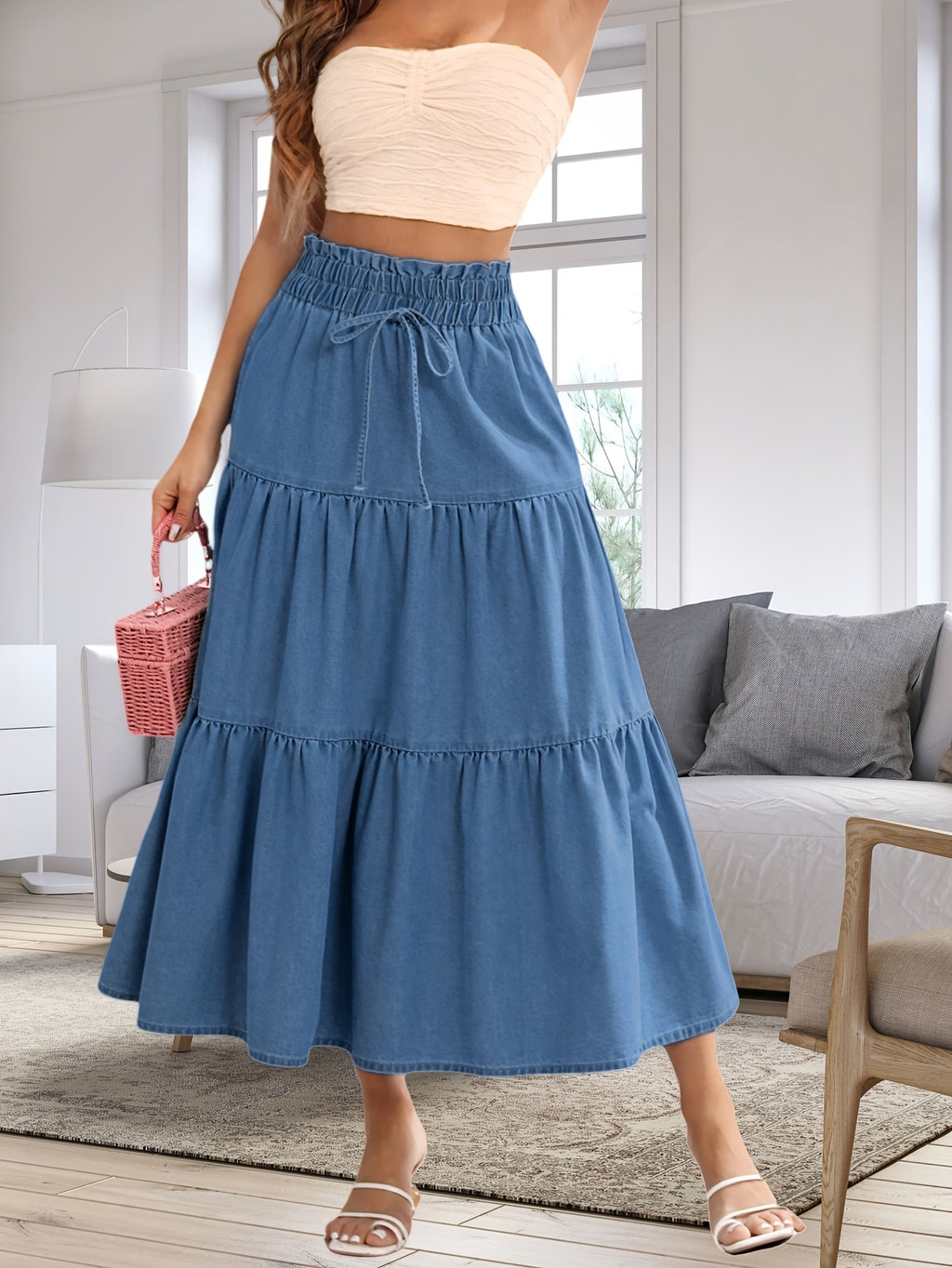 Women's High-Waisted Denim Skirt with Elastic Waistband & Faux Drawstring - Multi-Tiered A-Line Cake Skirt, Ruffled Hem, Cotton, Machine Washable for Spring Summer Fall Casual Outfits, Versatile Fashion, Breathable Fabric