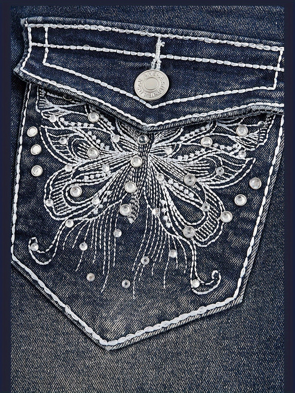 2024 Women's Hand-Embroidered Rhinestone Back Pocket Flared Jeans - Stretch Comfort Washed Denim, Elegant Machine-Washable All-Season Casual Pants, Comfortable Fashion, Fashionforward Design, Detailed Embroidery