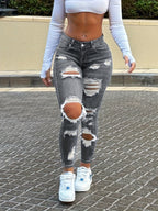 Women'S High Elasticity, & Ripped Skinny Jeans - Distressed Denim with Knee & Thigh Holes, Loose Fit, Ideal for Casual Weekend Attire, Casual Attire Jeans|Distressed Denim Jeans|Stretchy Fabric Jeans