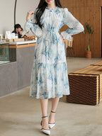 Elegant Floral Print A-Line Dress with Adjustable Waist and Crew Neck - Light Blue Floral Pattern, Short Sleeve, Summer Women'S Dress, Elegant Event Attire | Floral Print Dress | Sleeveless Dres