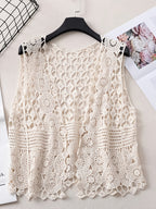 Boho Chic Cotton Breathable V-Neck Cardigan Vest for Women - Sleeveless, Hollow Out Design with Geometric Pattern, Perfect for Spring\u002FSummer, Short Fashion, Outdoor Wear, 14-16