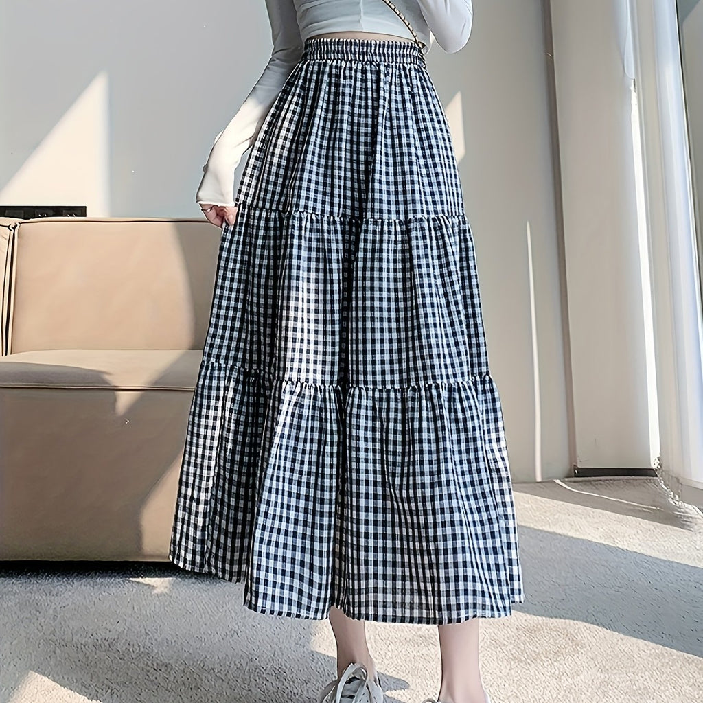 Women's High-Waist Black and White Gingham Pleated Skirt - Slimming A-Line Cut, Casual Summer Style, Lightweight and Breathable Fabric, Perfect for Staircase Outfits or Casual Attire