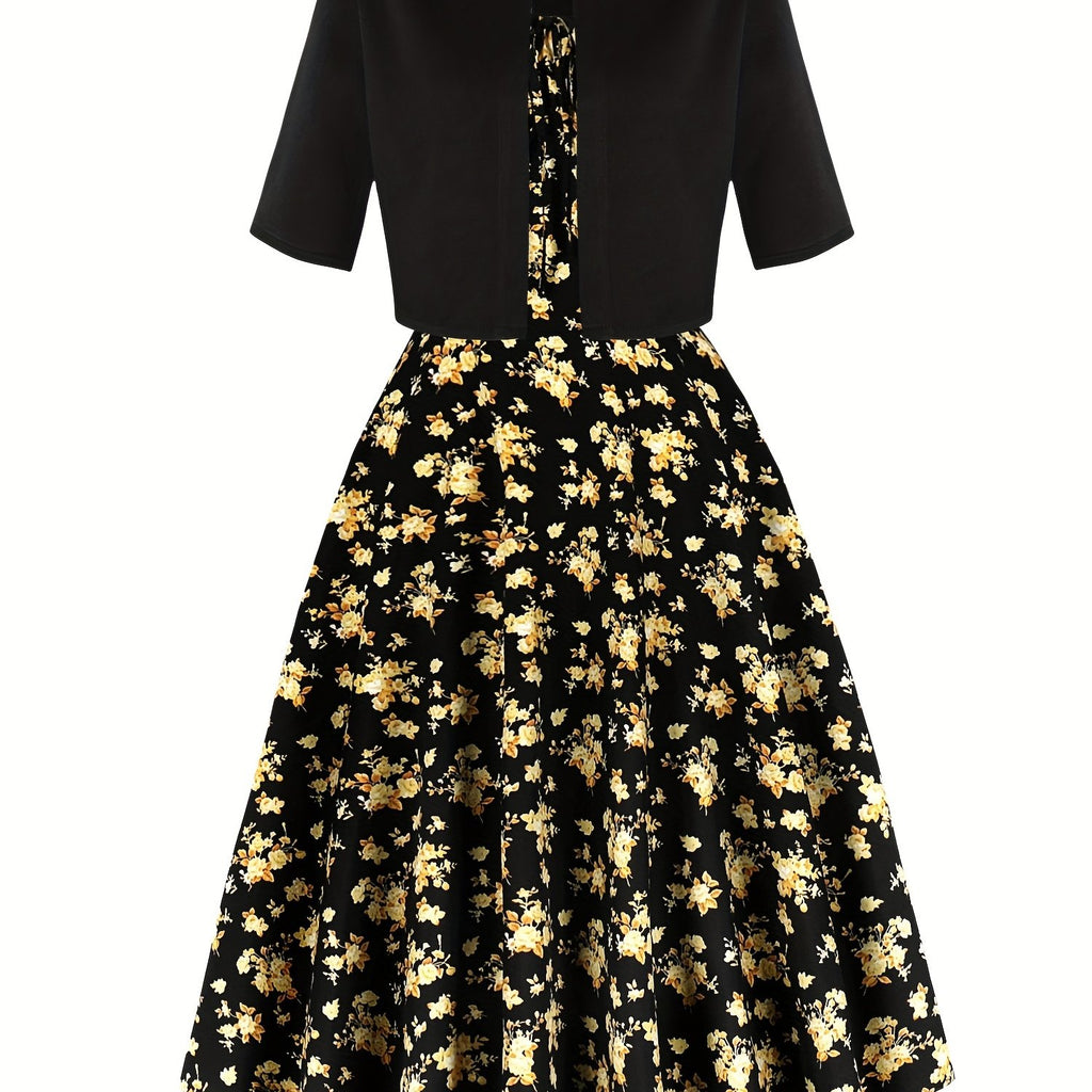 1pc Elegant Floral Print Two-Piece Dress Set, Polyester 100%, Crew Neck, Short Sleeve Top with Bow Detail, Woven Skirt, Spring\u002FSummer Party Outfit