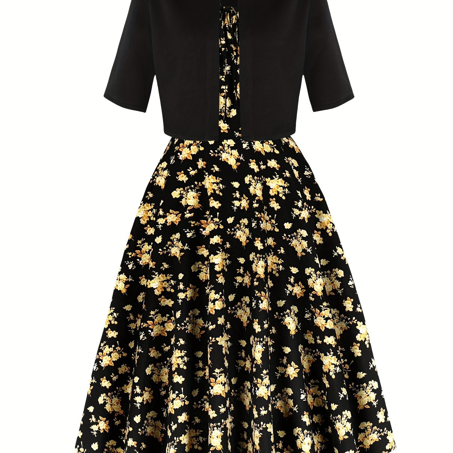 1pc Elegant Floral Print Two-Piece Dress Set, Polyester 100%, Crew Neck, Short Sleeve Top with Bow Detail, Woven Skirt, Spring\u002FSummer Party Outfit