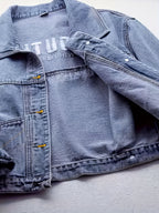 Women's Relaxed Fit Denim Jacket with Letter Embroidery - Lightweight 100% Polyester Machine-Washable Spring\u002FFall Casual Chic Coat for Commuting & Casual Attire