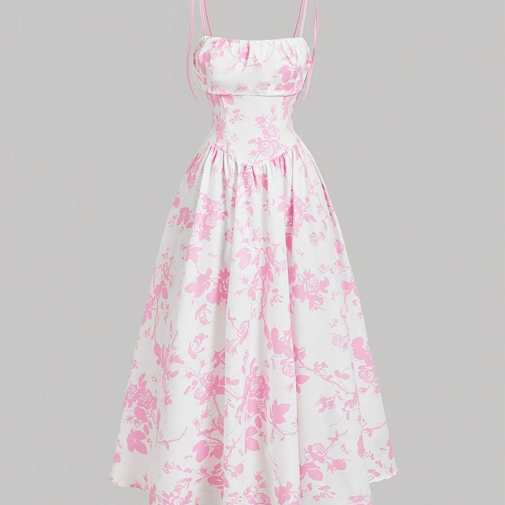 Elegant Floral Print Square Neck Dress for Women - Sleeveless A-Line Midi with Lace-Up Detail, Spring\u002FSummer\u002FFall Fashion, White with Blue Floral Patterns, Floral Dress