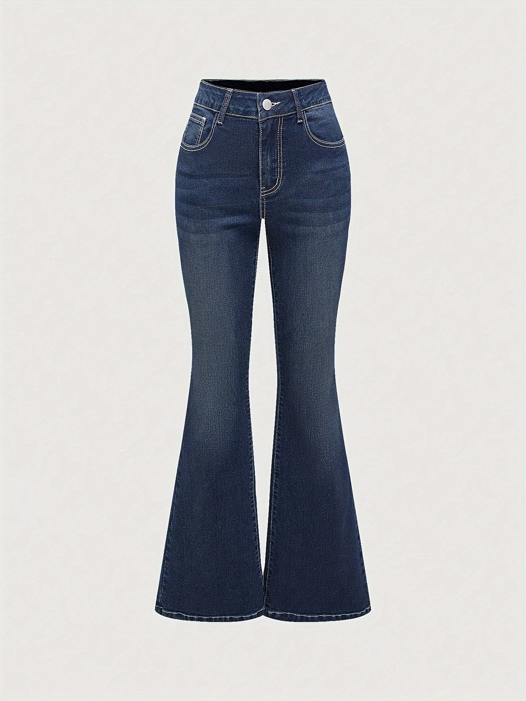 Stretch Comfort Women's Stretch Denim Flare Jeans with Rhinestone Details - Elegant Blue Bell Bottom Pants, Mid-Rise, Blend, Machine Washable, All-Season Comfort Fit