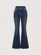 Stretch Comfort Women's Stretch Denim Flare Jeans with Rhinestone Details - Elegant Blue Bell Bottom Pants, Mid-Rise, Blend, Machine Washable, All-Season Comfort Fit