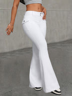 Women's High-Waisted Stretchy Flared Jeans - White Slim Fit Denim Pants with Button Closure, Machine Washable Casual & Formal Wear, All-Season Versatile Trousers