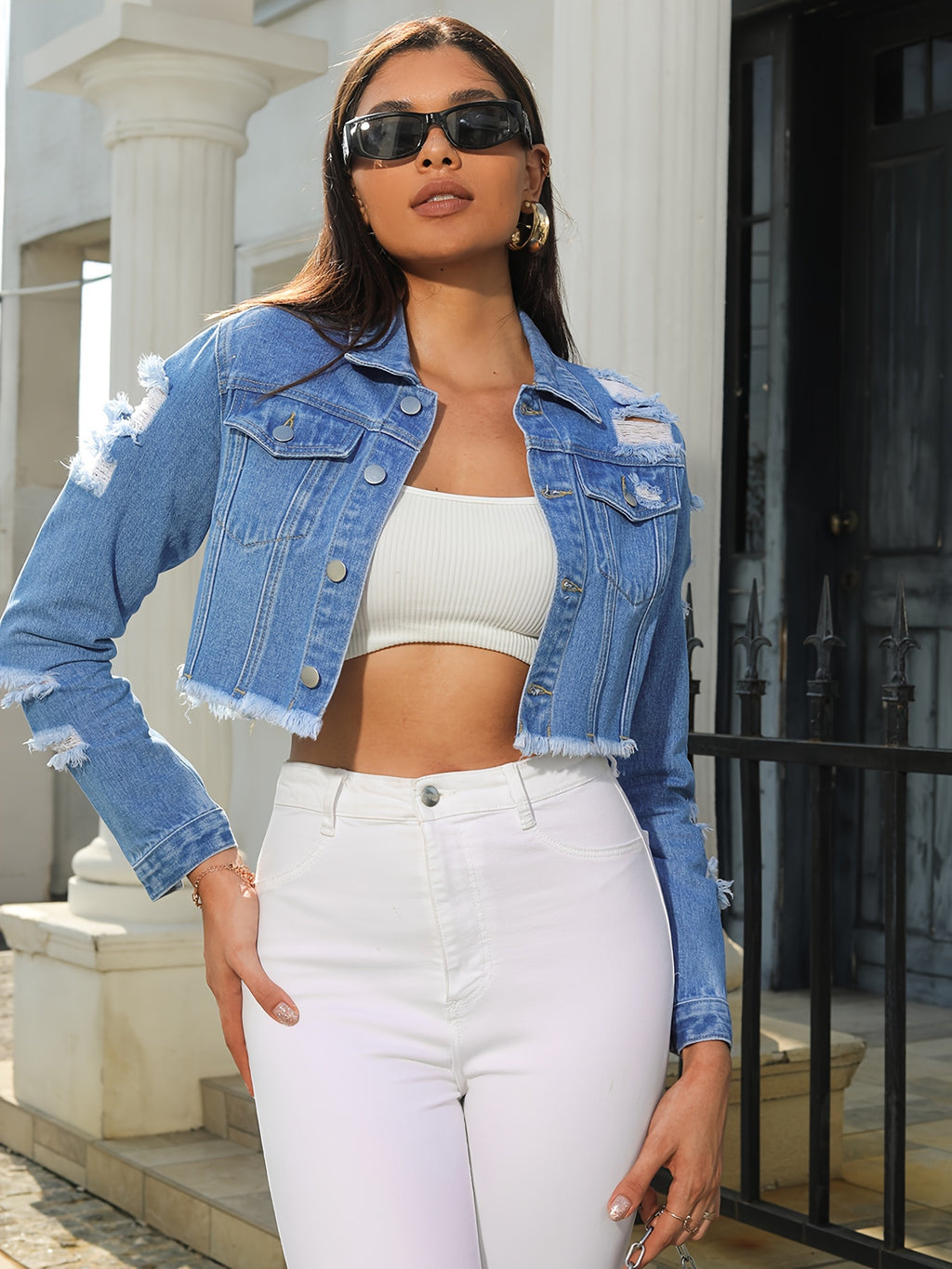 Ripped Holes Lapel Denim Coat, Long Sleeves Raw Hem Denim Jacket, Women's Clothing