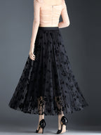 Directional Elegant Floral Printed Mesh Skirt, High-Waisted Casual Long Skirt, Women'S Clothing