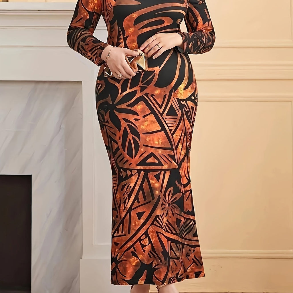 Elegant Plus Size Long Sleeve Maxi Dress for Women - Round Neck, High Stretch, Floral Print, Bodycon Fit, Vacation Style, All-Season Wear, Vibrant Orange & Black Floral Design, Long Sleeve Dres
