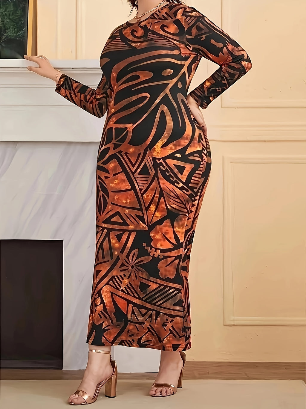 Elegant Plus Size Long Sleeve Maxi Dress for Women - Round Neck, High Stretch, Floral Print, Bodycon Fit, Vacation Style, All-Season Wear, Vibrant Orange & Black Floral Design, Long Sleeve Dres