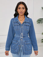 Mid-Length Denim Jacket for Women with a Belt And Four Pockets.