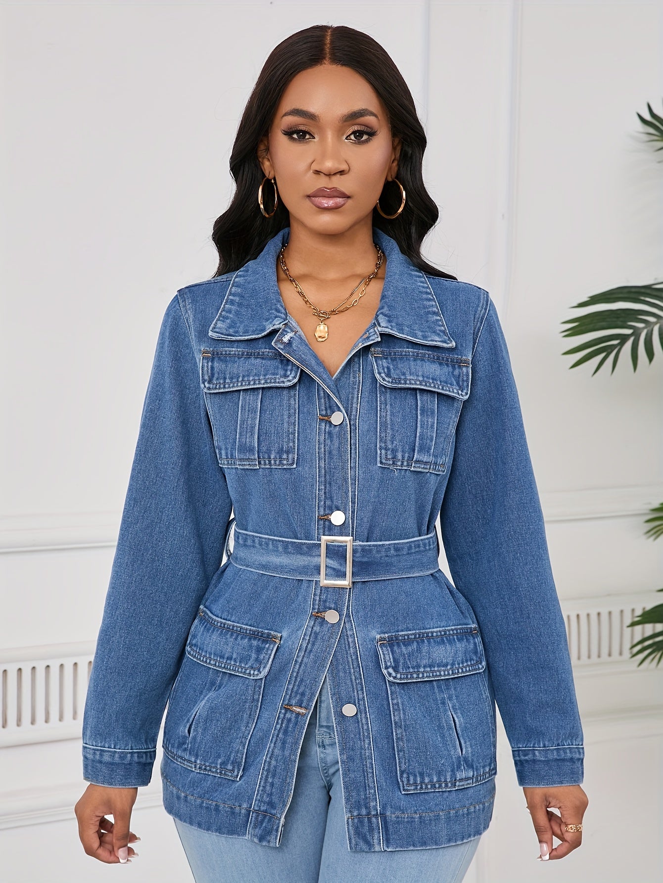 Mid-Length Denim Jacket for Women with a Belt And Four Pockets.