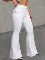Women's High-Waisted Stretchy Flared Jeans - White Slim Fit Denim Pants with Button Closure, Machine Washable Casual & Formal Wear, All-Season Versatile Trousers