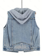 A Loose-Fitting Spring And Autumn Jacket in a Trendy Korean Style, Featuring Versatile Square Slant Pockets, Sleeveless Design, Short Length, And Single-Breasted Closure. The Hood Is Detachable, Making It a Stylish Hoodie Jacket.