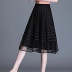 Polyester Striped A-Line Skirt, Mid-Length, Pleated, Contrast Mesh, High-Waisted, Slimming, No Belt, for Women, Summer, Spring, Fall, Vacatio