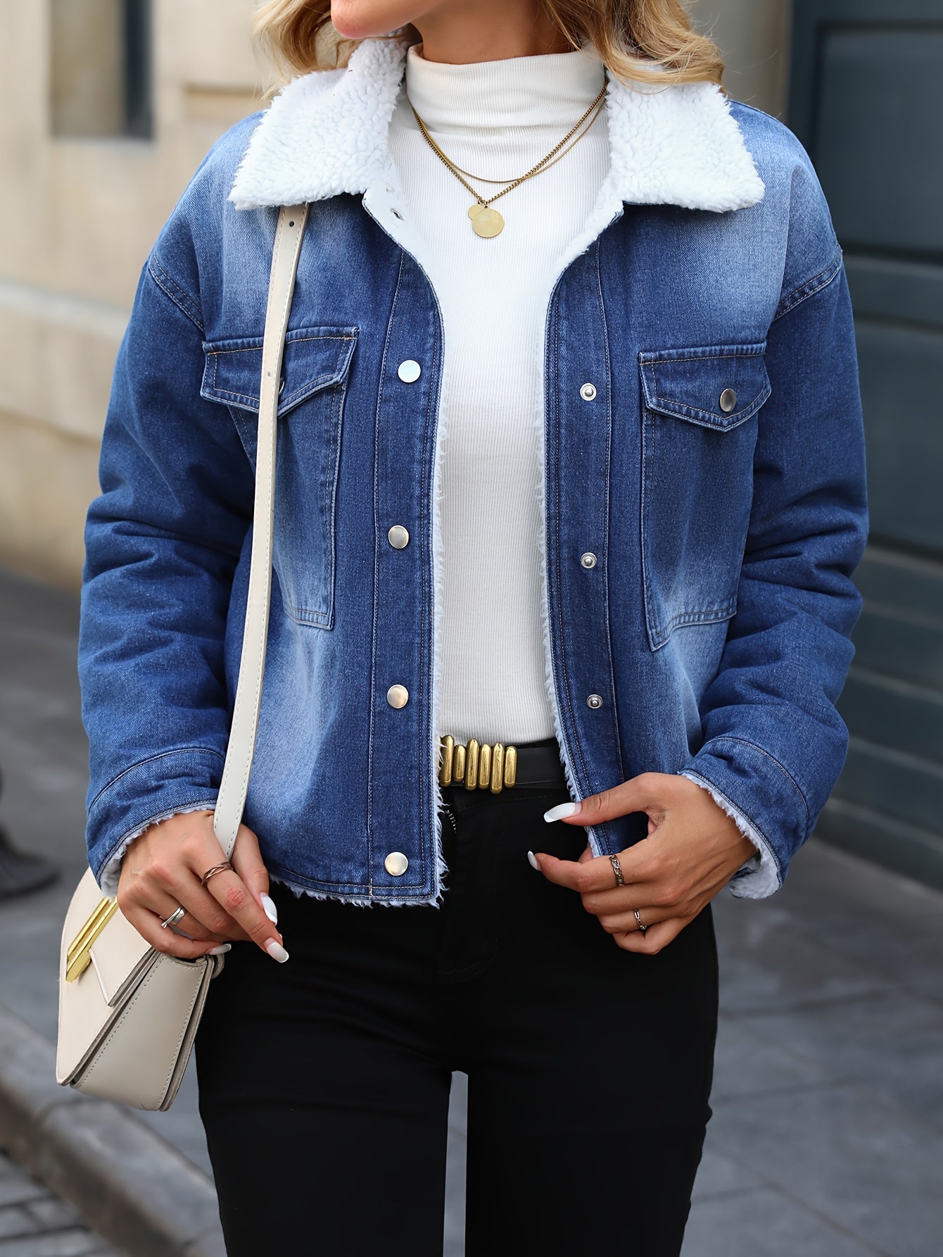 Morin Women's Elegant Fleece-Lined Denim Jacket - Winter Warm Button-Up Coat with Chest Pockets, Machine Washable, Classic Solid Color for Fall & Winter, Casual Outerwear