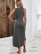Women'S Summer Sleeveless V-Neck Dress, Casual Loose Fit Long Dress with Heart Print, Polyester 95% Spandex 5% Knit Fabric, Fashionable Grey Tank Dress for Ladies