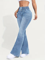 Women's High-Waist Stretch Denim Flare Jeans with Front Button Closure, Comfortable Bell Bottoms in Light Blue Washed Finish, Elegant & Trendy Design for Casual Attire