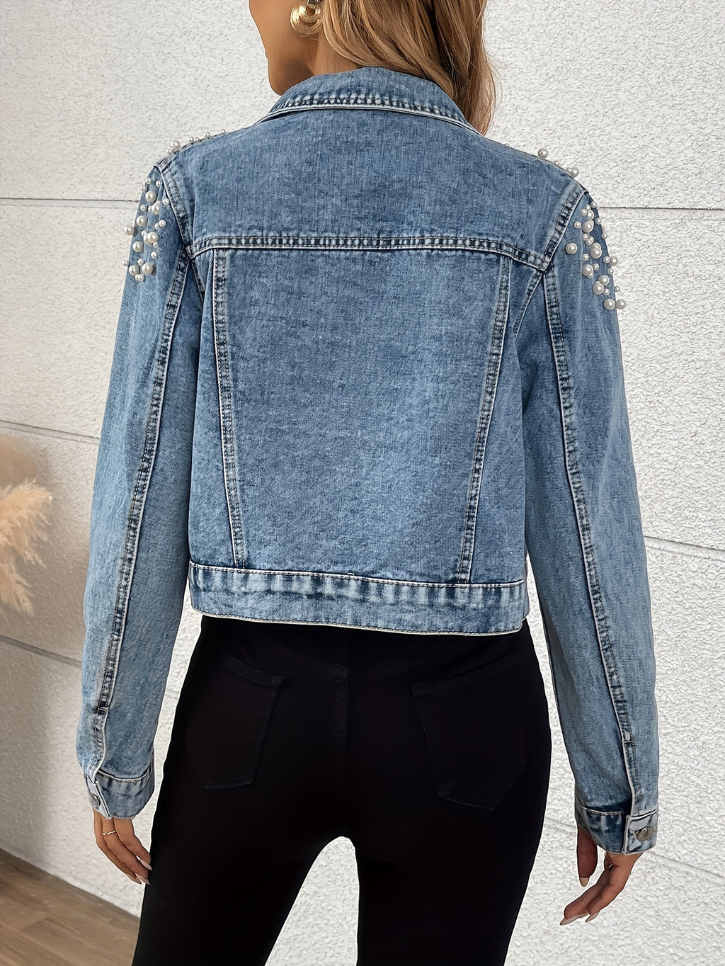 Morin Women'S Denim Jacket with Rhinestone Embellishments, Elegant Solid Color, Button-Up, Non-Stretch Fabric, Spring\u002FAutumn Fashion Top, Woven Craftsmanship