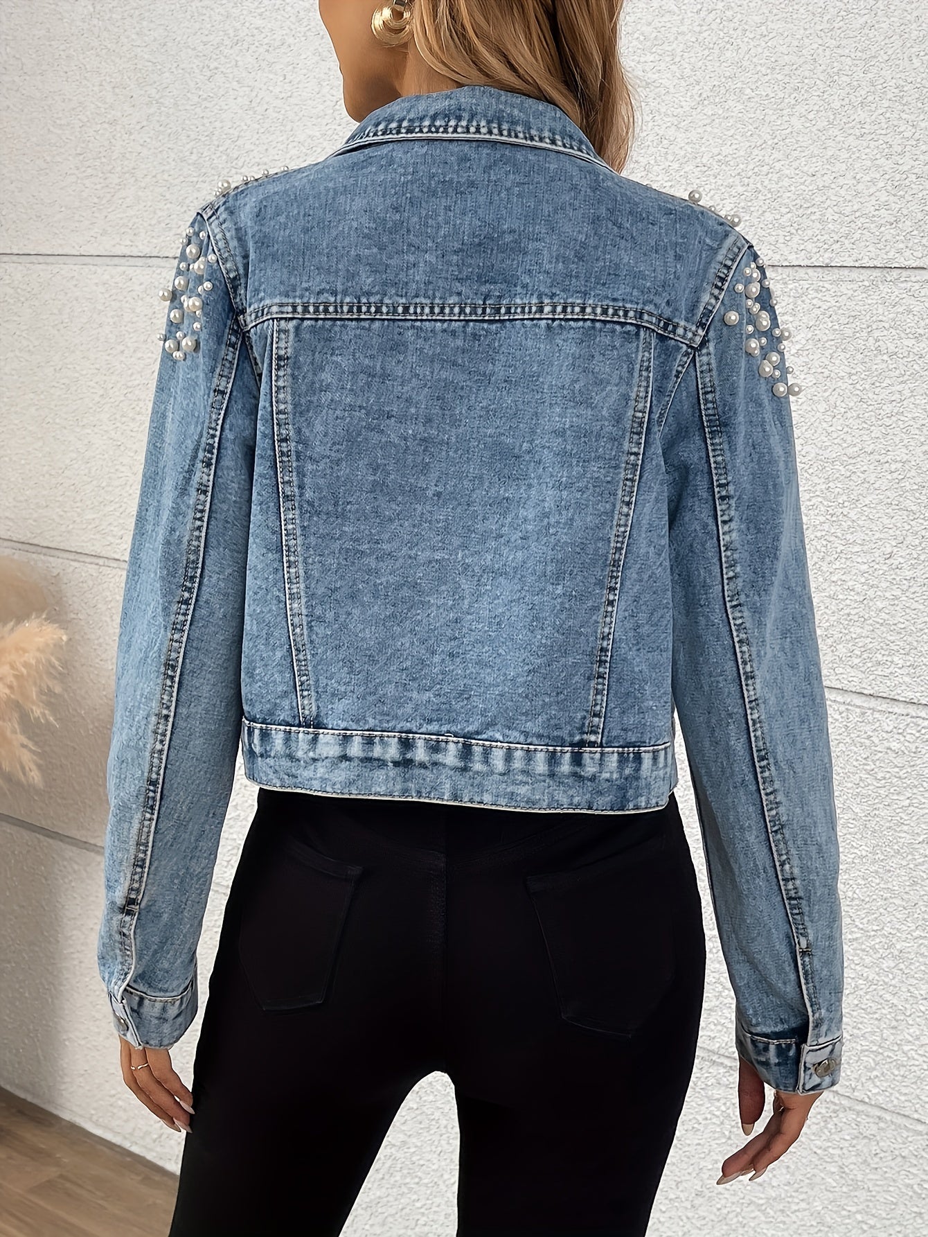 Morin Women'S Denim Jacket with Rhinestone Embellishments, Elegant Solid Color, Button-Up, Non-Stretch Fabric, Spring\u002FAutumn Fashion Top, Woven Craftsmanship