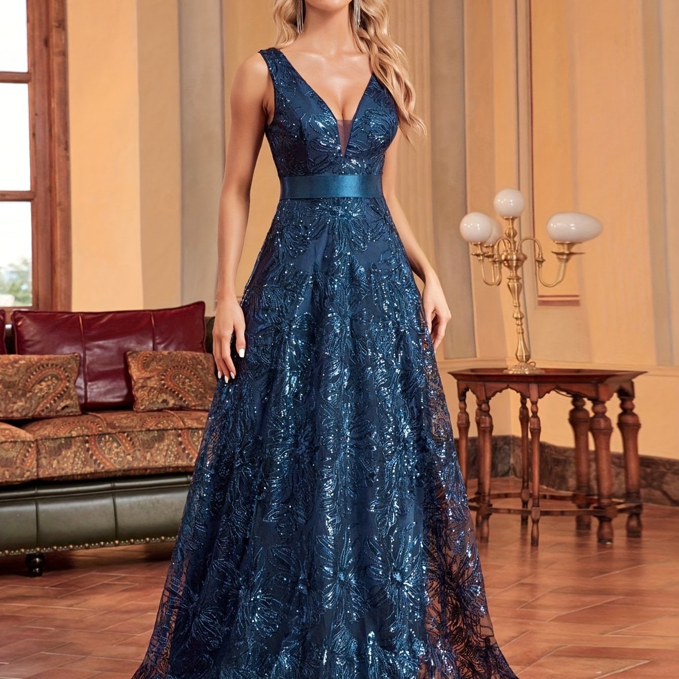 Elegant V-Neck Sequin Embroidered Sleeveless Maxi Dress for Women - Flowing Floor-Length Evening Gown with Lace Detailing, Perfect for Parties, Proms, and Formal Events