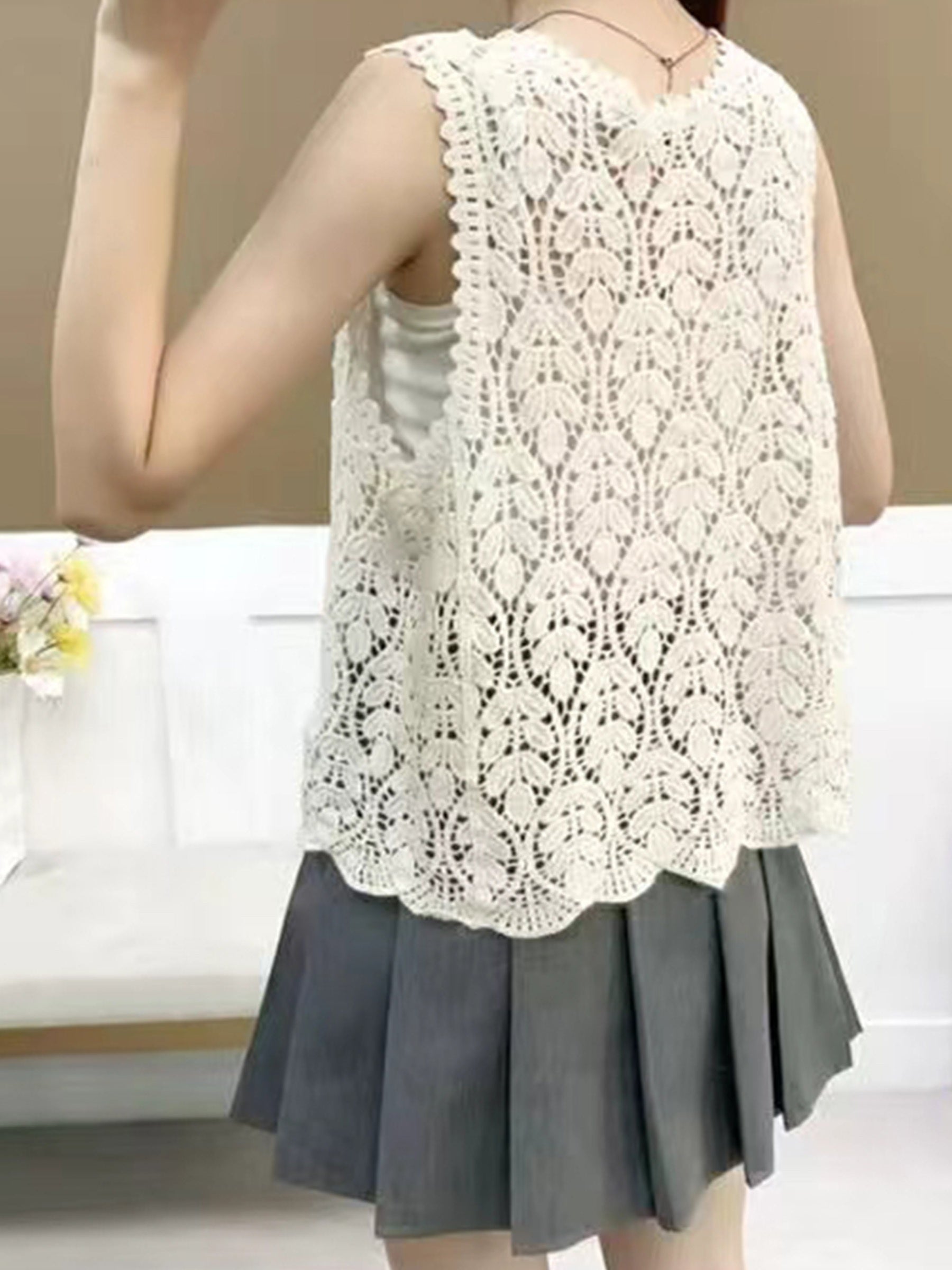 Women'S Polyester Hollow Knit Vest, Sleeveless Collarless, Solid Color, Breathable Mesh Design, for All Seasons
