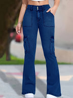 Women's High-Waist Stretch Denim Flare Jeans - Comfort Fit, Classic Slash Pockets, Dark Blue Washed, All-Season Wear