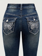 2024 Women's Hand-Embroidered Rhinestone Back Pocket Flared Jeans - Stretch Comfort Washed Denim, Elegant Machine-Washable All-Season Casual Pants, Comfortable Fashion, Fashionforward Design, Detailed Embroidery