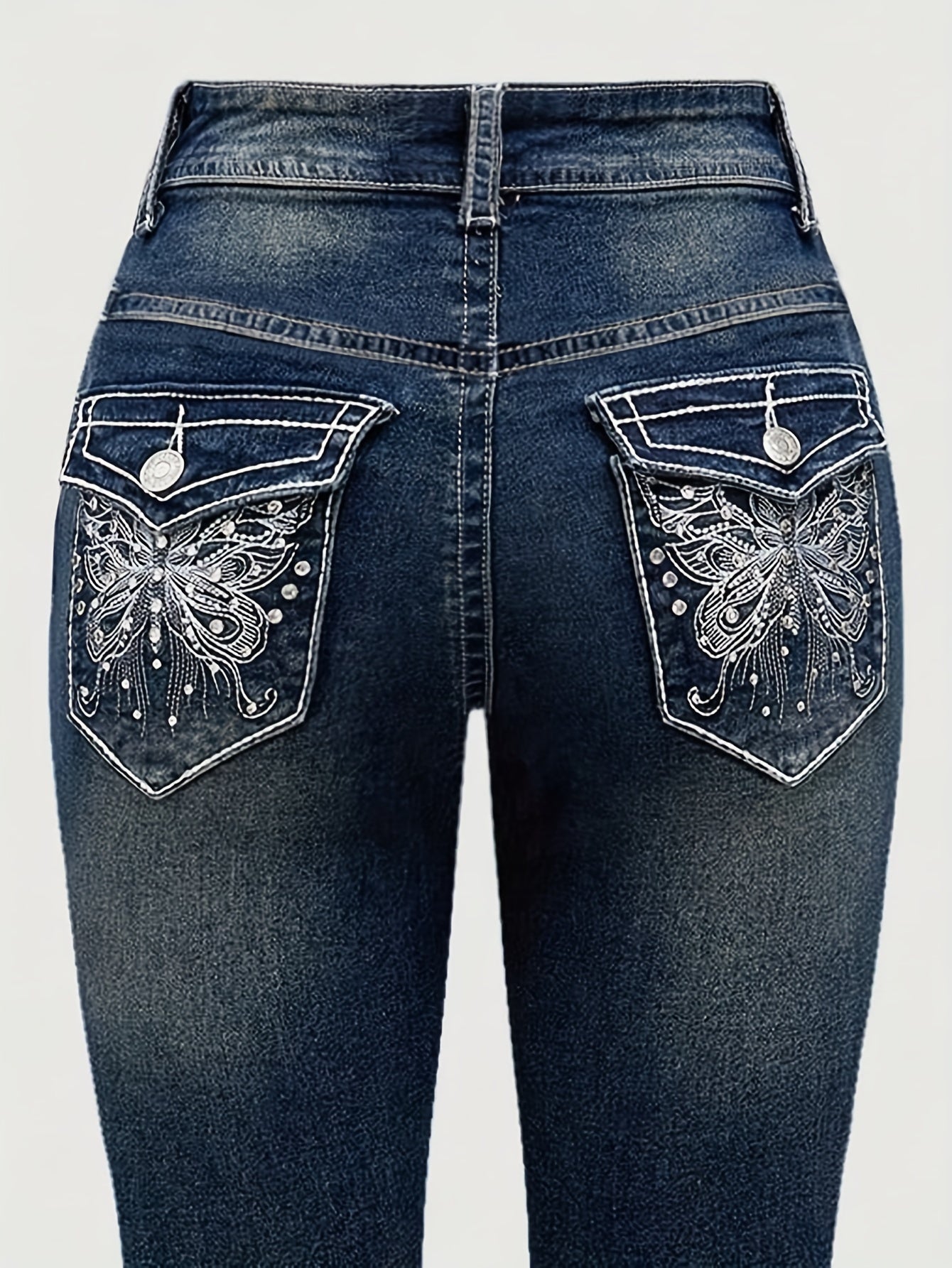 2024 Women's Hand-Embroidered Rhinestone Back Pocket Flared Jeans - Stretch Comfort Washed Denim, Elegant Machine-Washable All-Season Casual Pants, Comfortable Fashion, Fashionforward Design, Detailed Embroidery