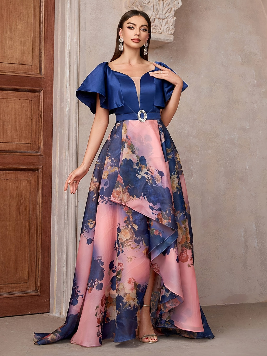 TOLEEN Elegant Floral Print Halter Dress with Belt - Sweetheart Collar, Ruffle Hem, Sleeveless Long Gown for Bridesmaids & Weddings, Polyester, All-Season Wear, Bridesmaid Dress | Ruffle Hem Dress | Polyester Fabri