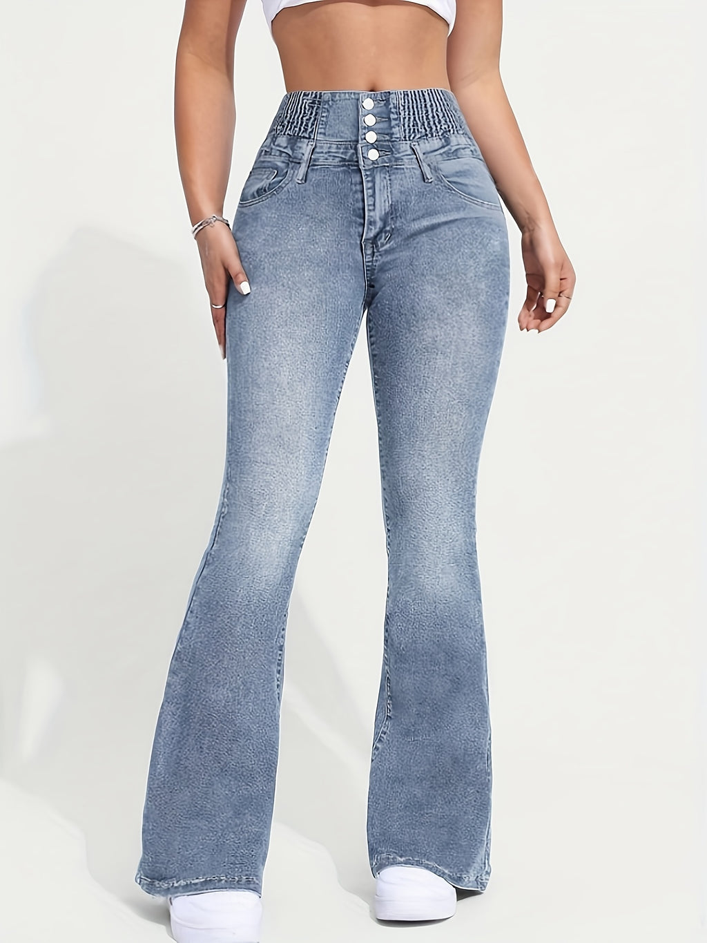 Stretch Comfort Women's High-Waist Stretch Denim Flare Jeans - Sexy Bell Bottoms with Slant Pockets, Light Blue Washed Mid-Rise Denim Pants for Everyday Style, Everyday Jeans | Sexy Highwaist Jeans | Comfortable Fit